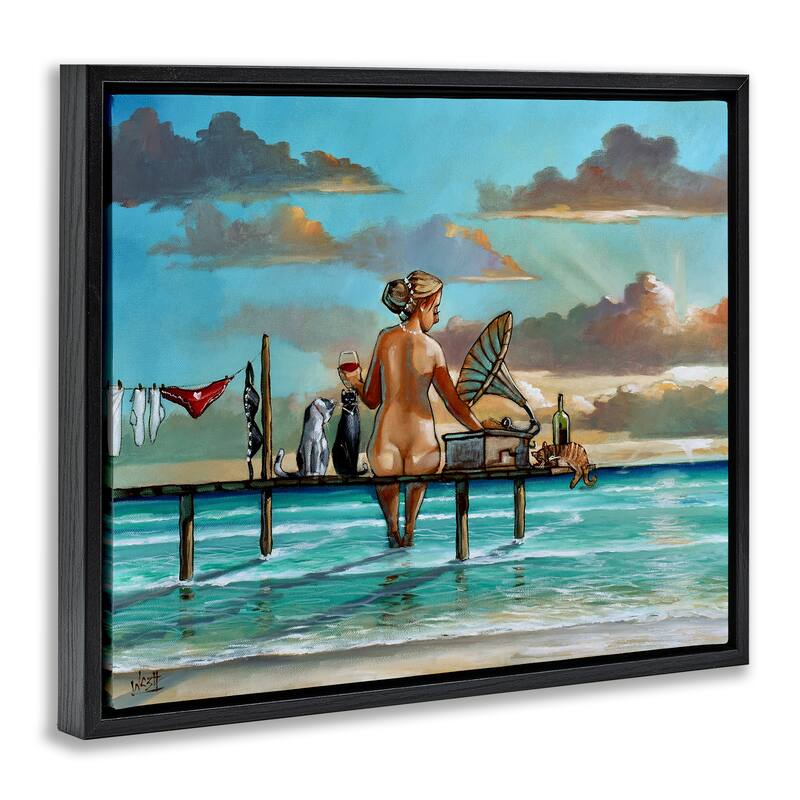 Stupell Woman & Cats Beach Sunset Framed Floater Canvas Wall Art Design By Ronald West