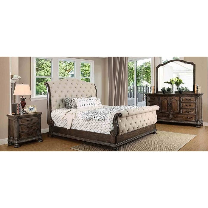Transitional Rustic Natural Beige Finish 4Pc Tufted Headboard Bedroom Furniture Set