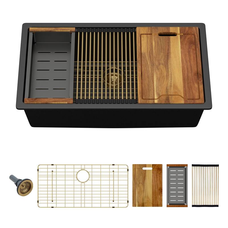 Kitchen Sink - 30" x 19" x 9.65" Black Granite Composite Workstation Undermount Single Bowl Kitchen Sink