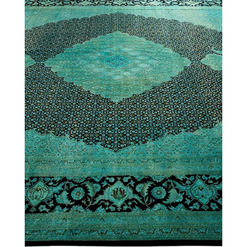 Overton Hand Knotted Wool Vintage Inspired Modern Contemporary Overdyed Green Area Rug - 9' 0" x 12' 2"