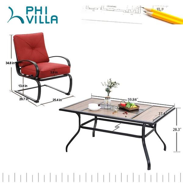 6 Piece Cushioned Spring Motion Dining Chair with Armrest /& 1 Large Rectangle Patio Dining Table with 1.57 Umbrella Hole Beige PHI VILLA 7 pcs Patio Dining Set for Patio Garden Backyard