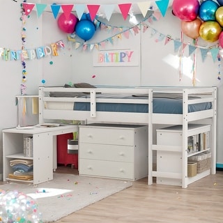 Modern Twin Size Loft Bed With Cabinet,Shelves And Rolling Portable Desk