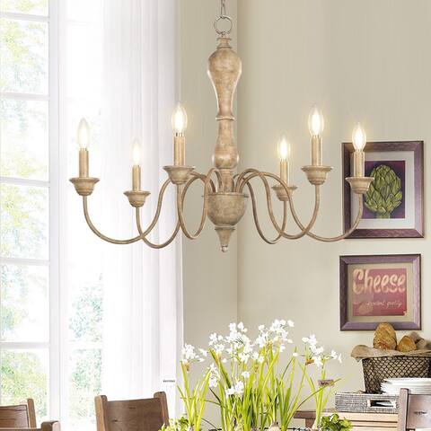 6-Light French Country Chandelier, Farmhouse Handpainted Distressed Wood Candle Style Empire Chandelier