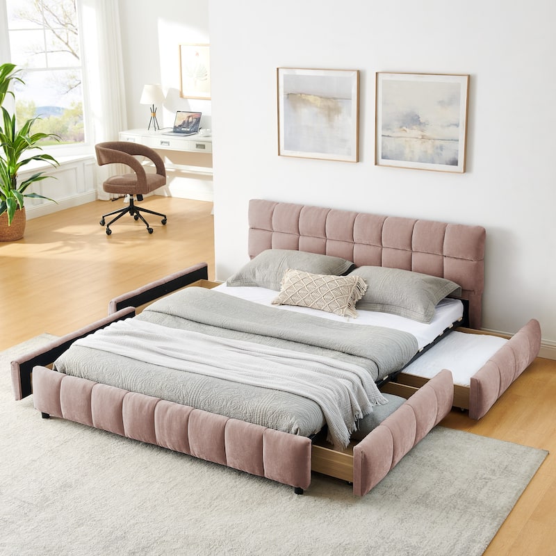 Block Thick Chenille Low Profile Platform Bed Fabric Upholstered Bedframe with Headboard Solid Wood Frame - Optional Storage Bed - Pink with Drawers - Queen