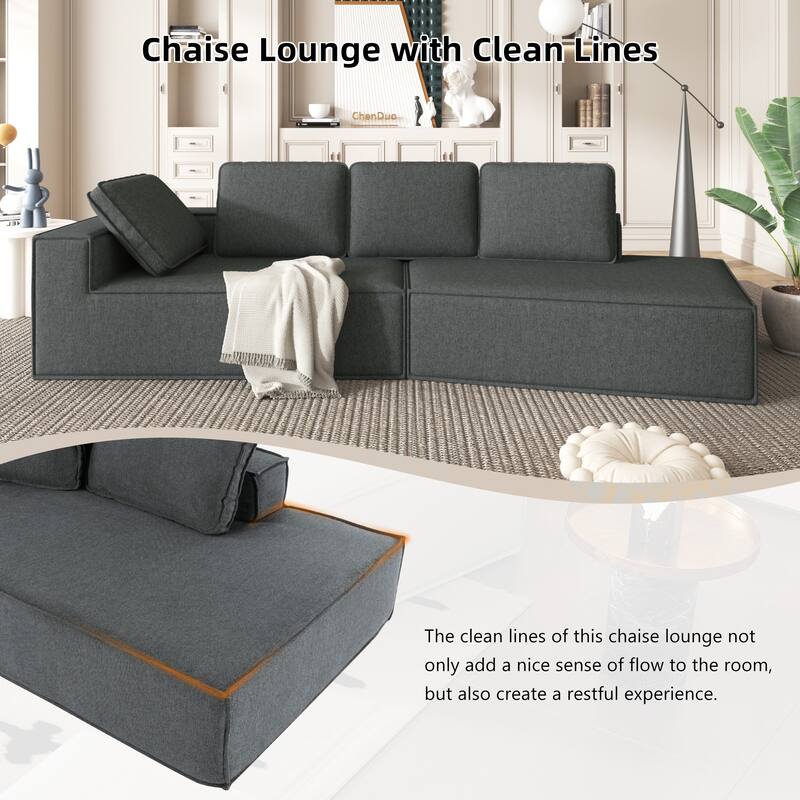 Grey 125" Modern 4-Seat Chaise Lounge Sofa for Living Room Relaxation, Indoor Sleeper