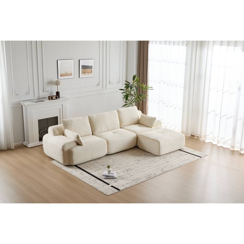 L Shaped Modular Sectional Sofa with Ottoman, Corduroy Upholstered Cloud Sofa, Compressed Sofa with Cushions & Throw Pillows