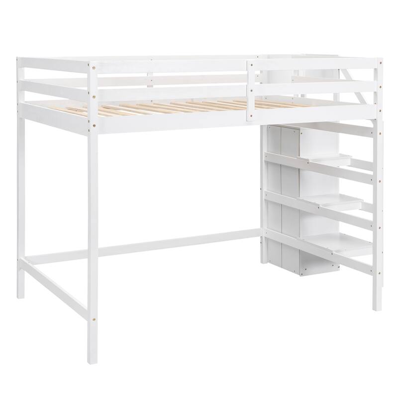 White Full Size Loft Bed with Storage Wardrobe & Staircase, Space-Saving Design