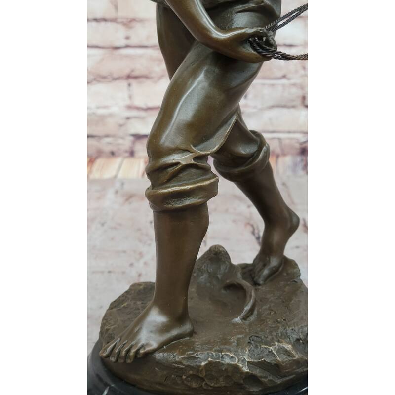 Bronze Imitative Fisherman With Net – Nautical-Themed Sculpture On Marble Base