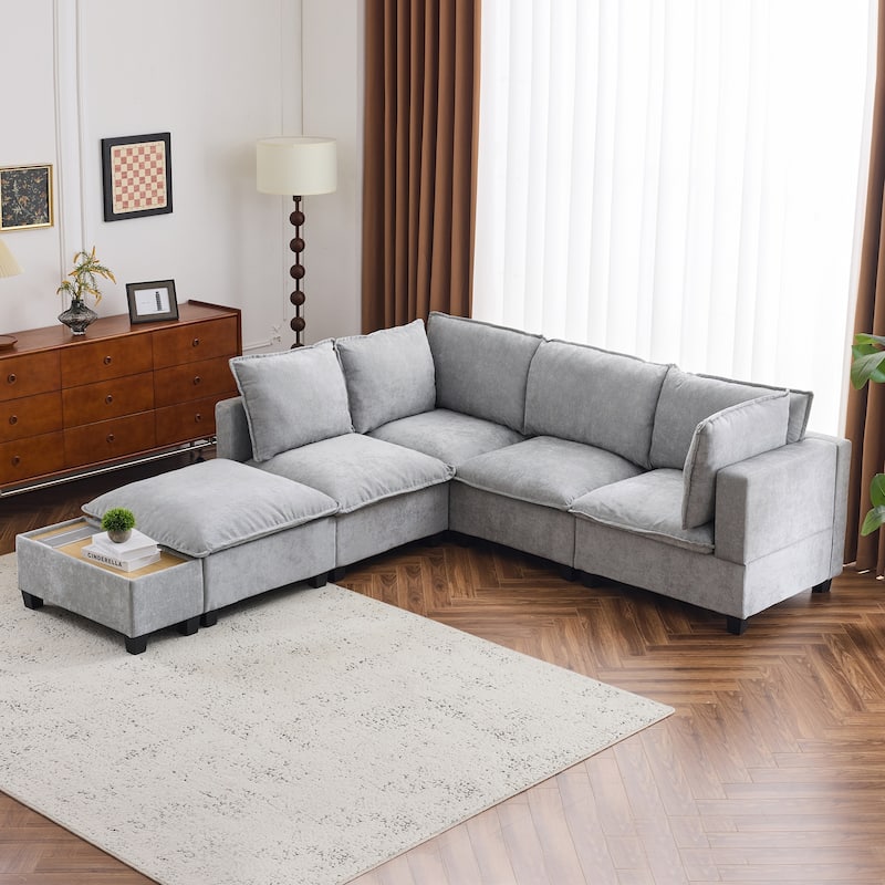 90" U-shaped Sofa with Ottoman and Hidden Charging Coffee Table, Grey Chenille