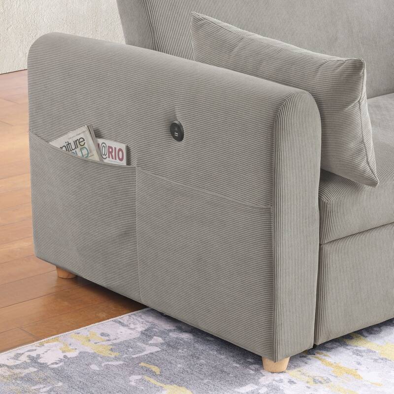 Marielle 55"W Corduroy Convertible Sleeper Loveseat with USB Ports, Magazine Pockets, and Pillows