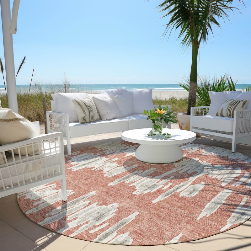 Machine Washable Indoor/ Outdoor Chantille Abstract Contemporary Rug - Salmon - 8' x 8'