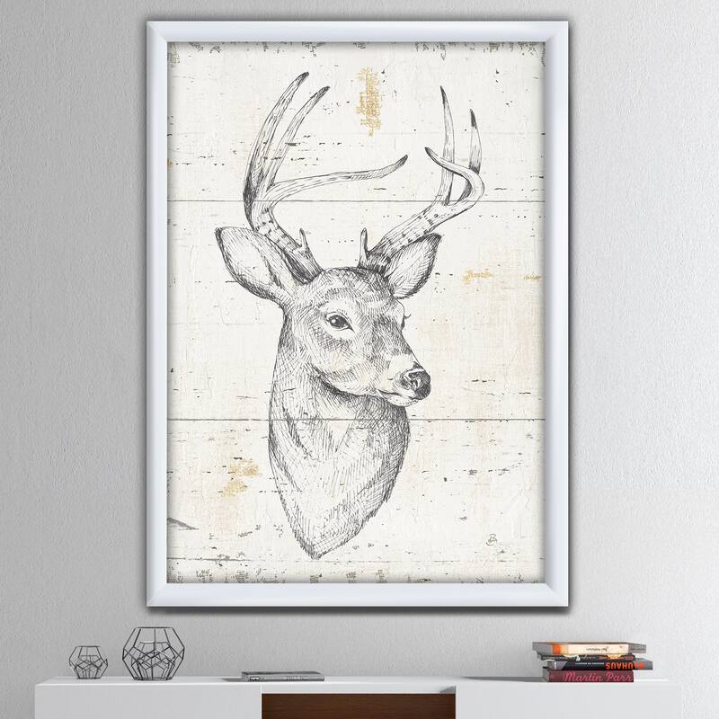 Designart "Deer Wild and Beautiful II" Wildlife Animal Framed Art Print - 34 in. wide x 44 in. high - White