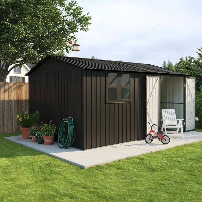 12x10 ft Metal garden sheds outdoor storage sheds black with window with Goods Shelves