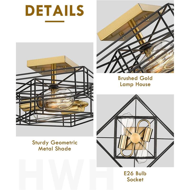 2-Light Semi Flush Mount Ceiling Light - Black and Gold 1