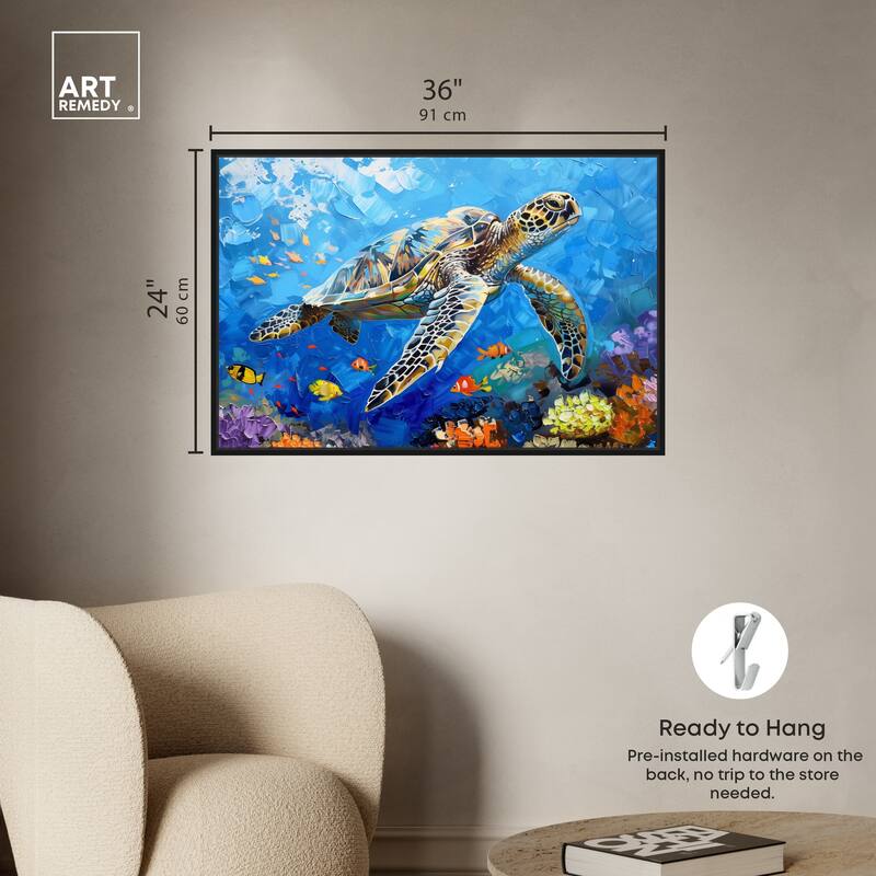 Art Remedy Turtle Swimming Framed Colorful Coastal 1 Piece Canvas Wall Art