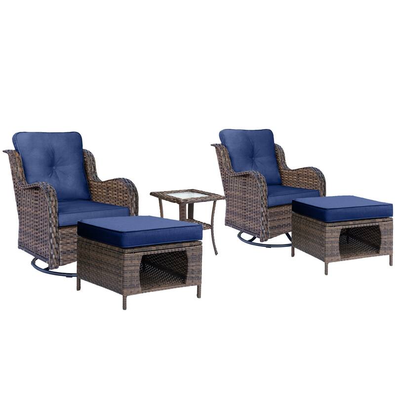 5 Piece Outdoor Wicker Patio Furniture Swivel Chair with Ottoman Set