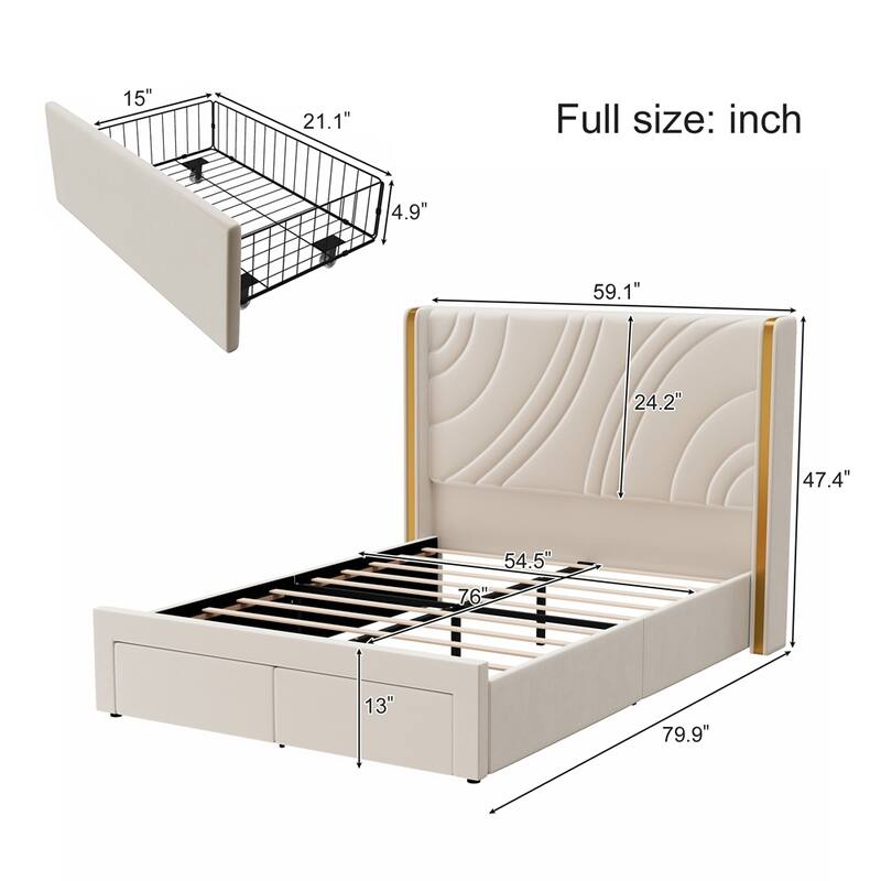 Velvet Platform Bed with Wingback Headboard