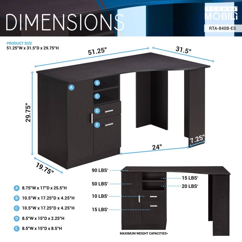 Techni Mobili Techni Mobili Classic Office Desk with Storage, Espresso