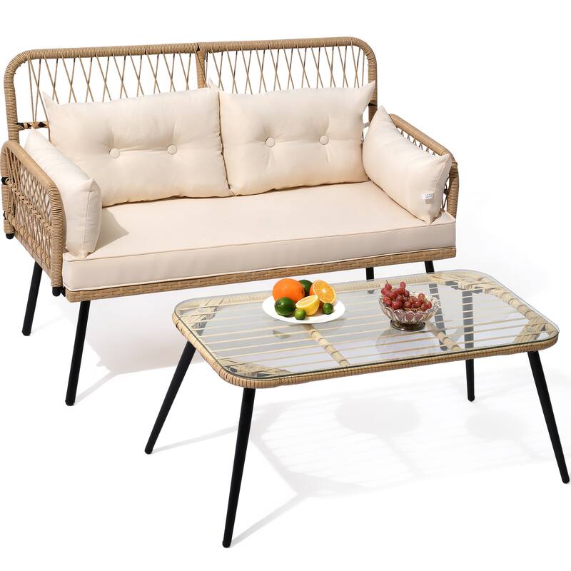Iron+PE Rattan 2 - Person Seating Group with Cushions - Set of 4 - White