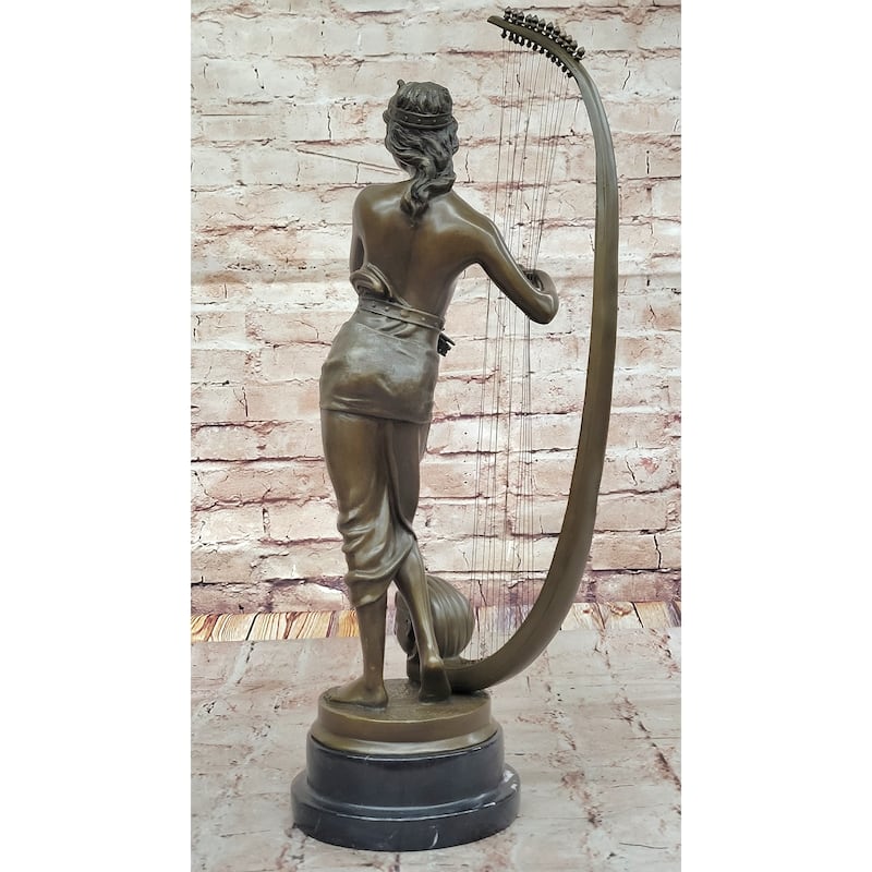 Coudray “Egyptian Harp Player” – Ornate Bronze Sculpture On Marble Base