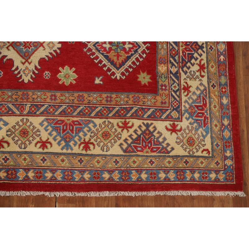 Red Geometric Kazak Area Rug Hand-Knotted Bedroom Wool Carpet - 6'2" x 10'2"