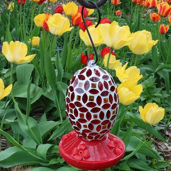 Sunnydaze Outdoor Red Mosaic Glass Flower Hanging Hummingbird Feeder - 7-Inch