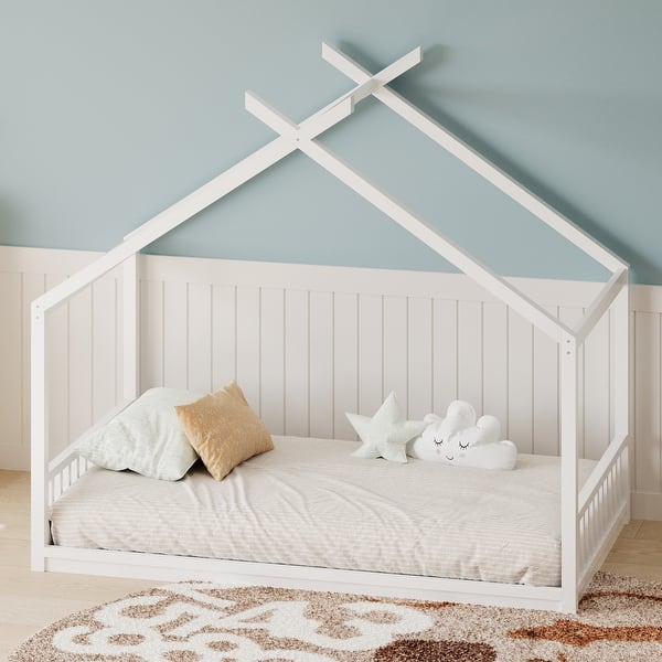slide 2 of 7, Roomfitters Twin Size Montessori House Bed Frame with Headboard and Footboard, Wooden Floor Bed with Fence Design, White White - Twin