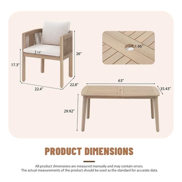 Outdoor Dining Set 7-Piece Acacia Wood Patio Rope-Woven Arm Chair and Dining Table with Umbrella Hole