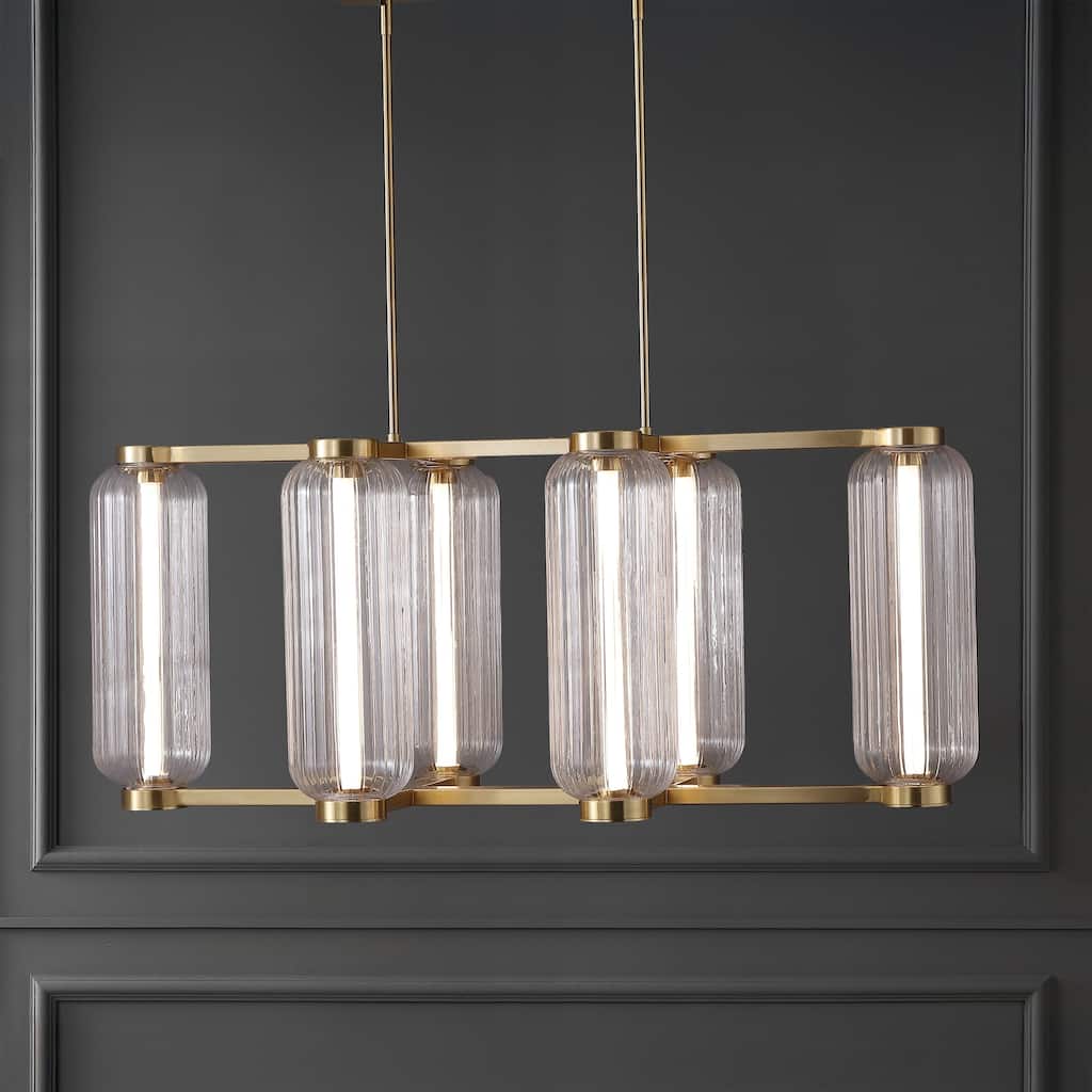 SAFAVIEH Couture Lighting Cyndy Rectangular Glass Chandelier, Modern LED Linear Ceiling Light for Dining Room and Kitchen Island