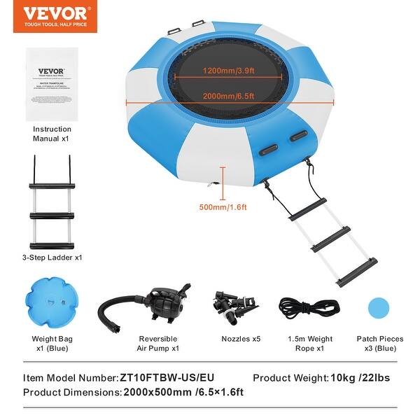 6.5FT Inflatable Water Trampoline For Lake Or Pool - Heavy-Duty PVC, 660 Lbs Capacity, Includes Rope Ladder & Pump