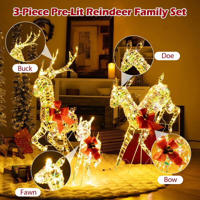 Gymax Christmas Lighted Reindeer w/ LED Lights & Red Bows Stakes - Multi - See Details