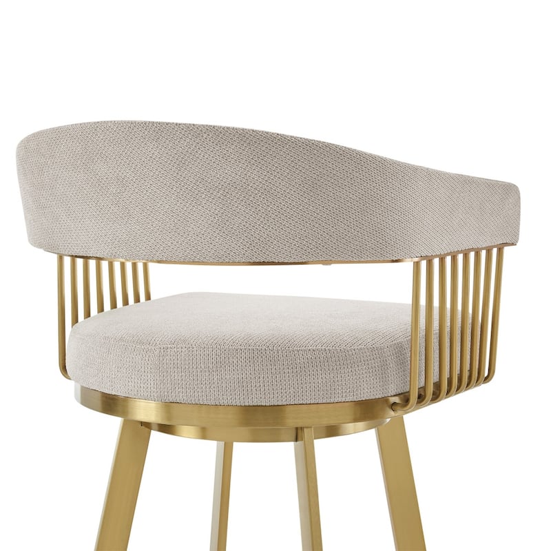 HomeRoots 30" Taupe and Gold Fabric and Stainless Steel Low Back Bar Height Swivel Bar Chair