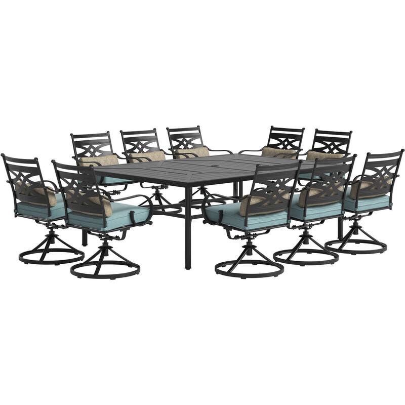 Hanover Montclair 11-Piece Dining Set in Ocean Blue with 10 Swivel Rockers and a 60-In. x 84-In. Table