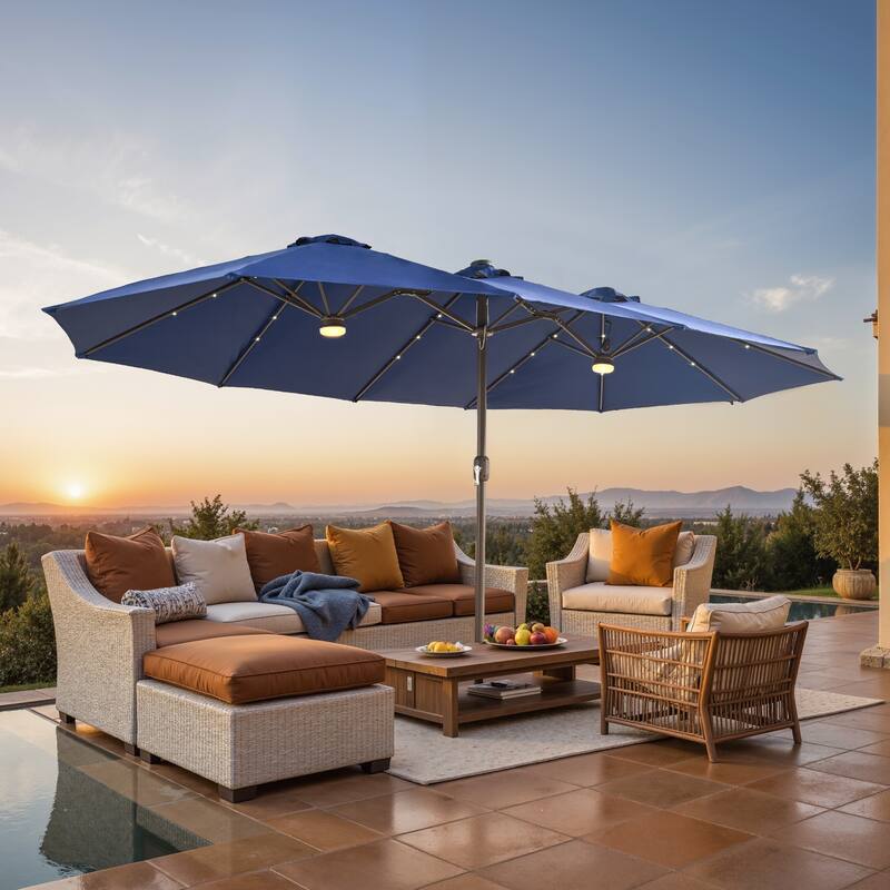 ​OVIOS 15ft Double-Sided Patio Outdoor Umbrella with Crank & Light