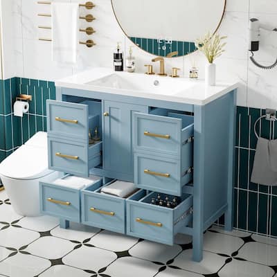 36" Solid Wood Bathroom Vanity with Resin Sink, 5 Drawers, 1 Cabinet and Soft Closing Doors