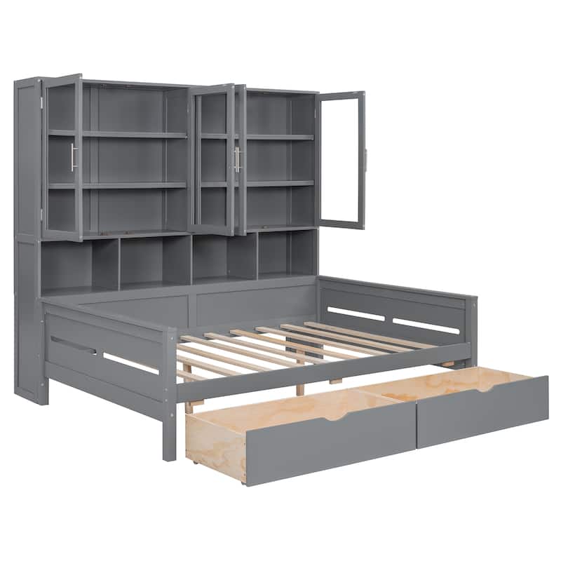 Full Size Wooden Daybed with Glass-Door LED Cabinet & Shelves - 600LB Capacity