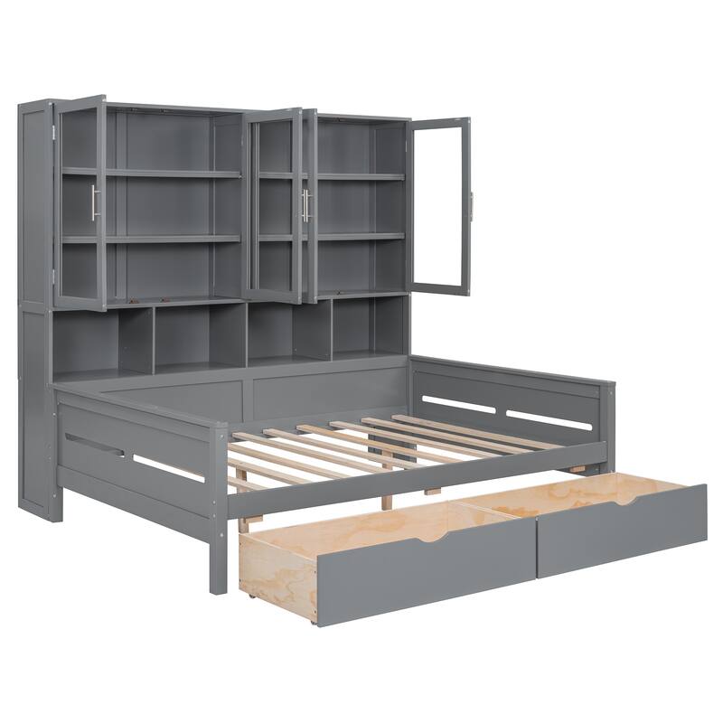 Wooden Daybed with Glass-Door Storage Cabinets, Built-in LED Lighting and Shelves