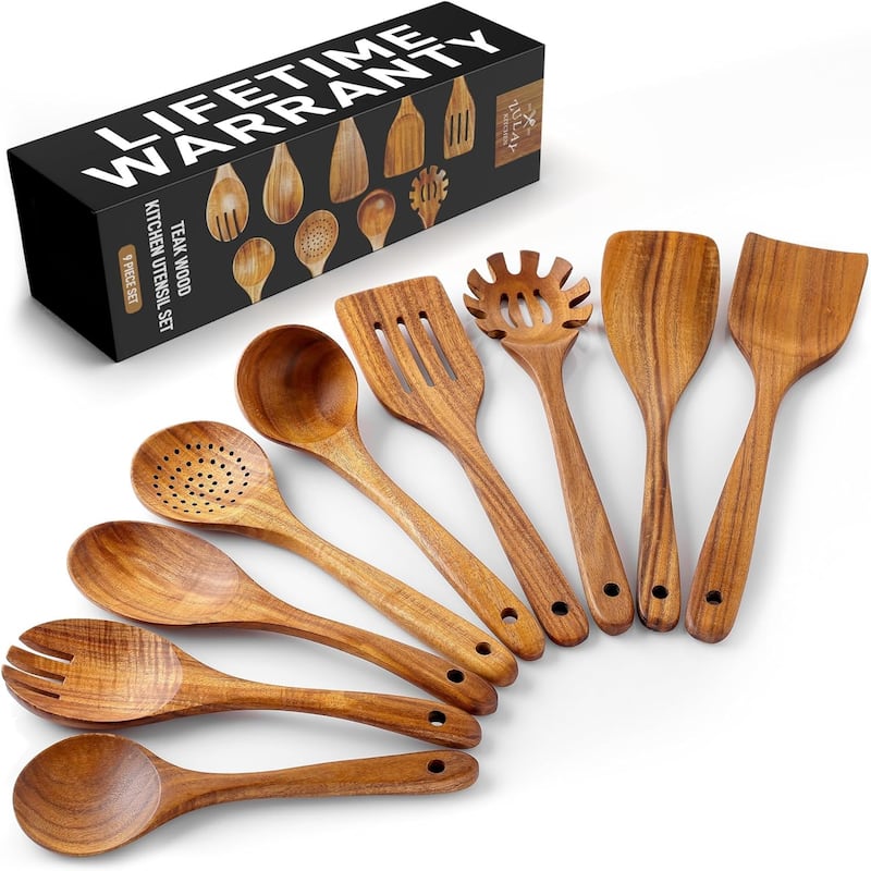 9-Piece Teak Wooden Utensils for Cooking - Brown