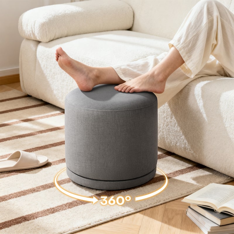 Fully Assembled Linen Round Swivel Ottoman Footstool with Acacia Hardwood Frame