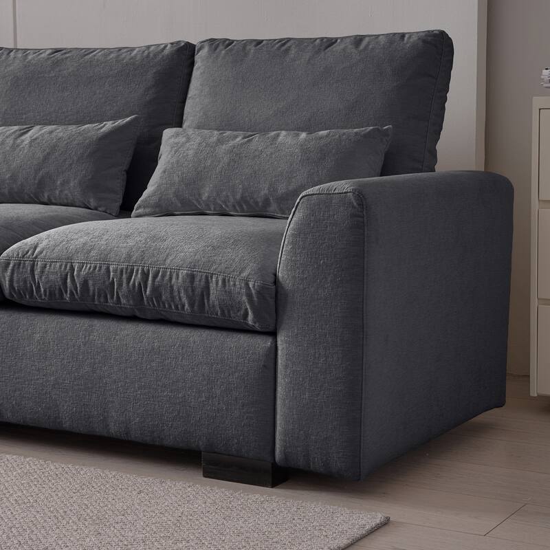 114.5" Modern Modular L Shaped Chenille Sofa with Reversible Ottoman, Storage, USB Ports & Cup Holder in Dark Grey