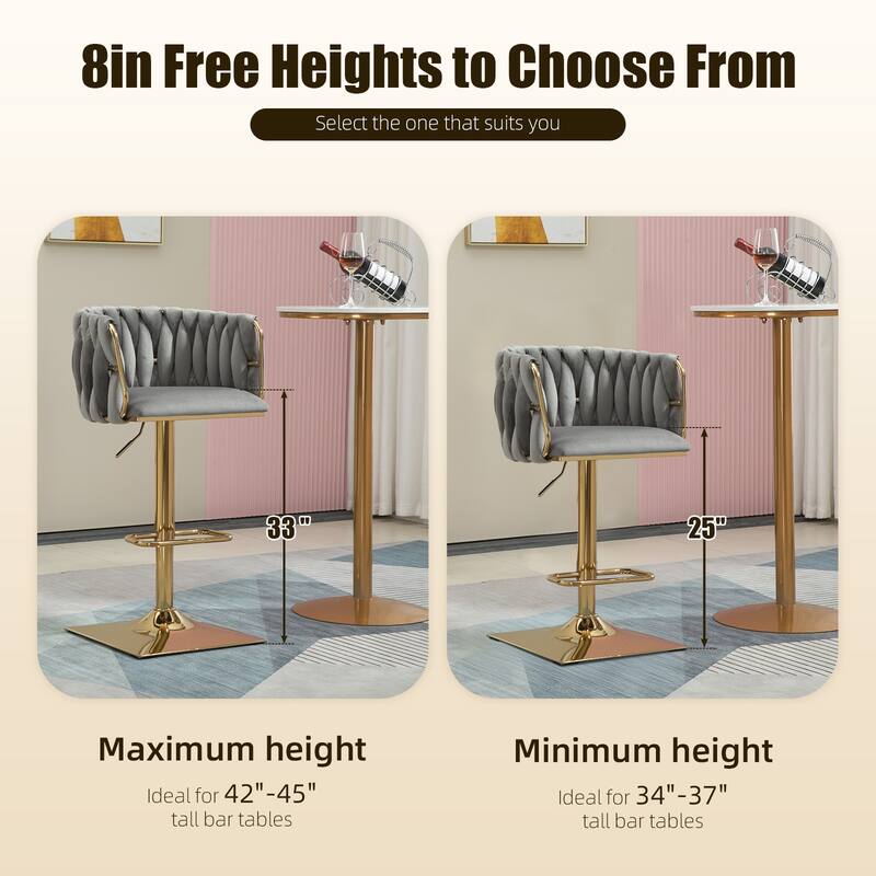 Velvet Upholstered Swivel Adjustable Height Bar Stools With Metal Footrest（set of 2）