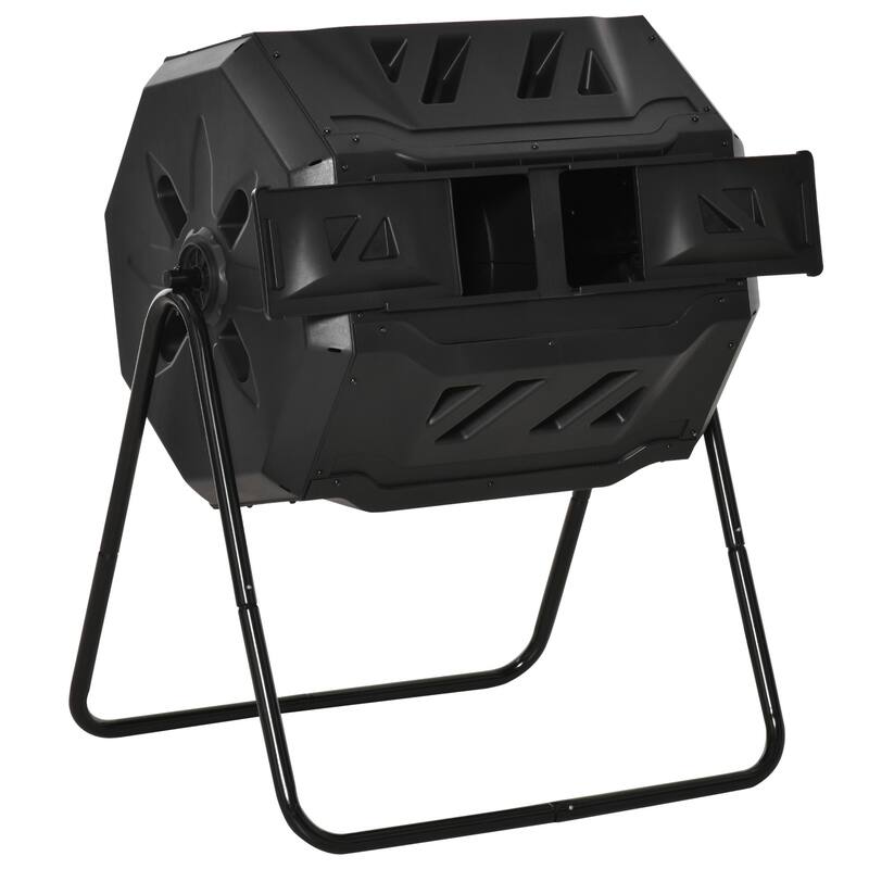 Outsunny Tumbling Compost Bin Outdoor Dual Chamber 360-deg Rotating Composter 43 Gallon w/ Sliding Doors & Solid Steel Frame