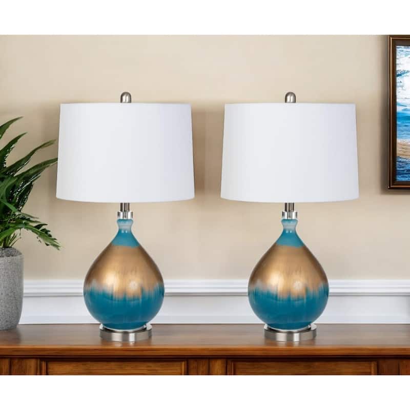 27" Tall Blue Gold Ombre Glass Table Lamp Set of 2 with White Empire Shade and 3-Way Switch for Bedroom - 27”H x 7.5”W x 7.5”D