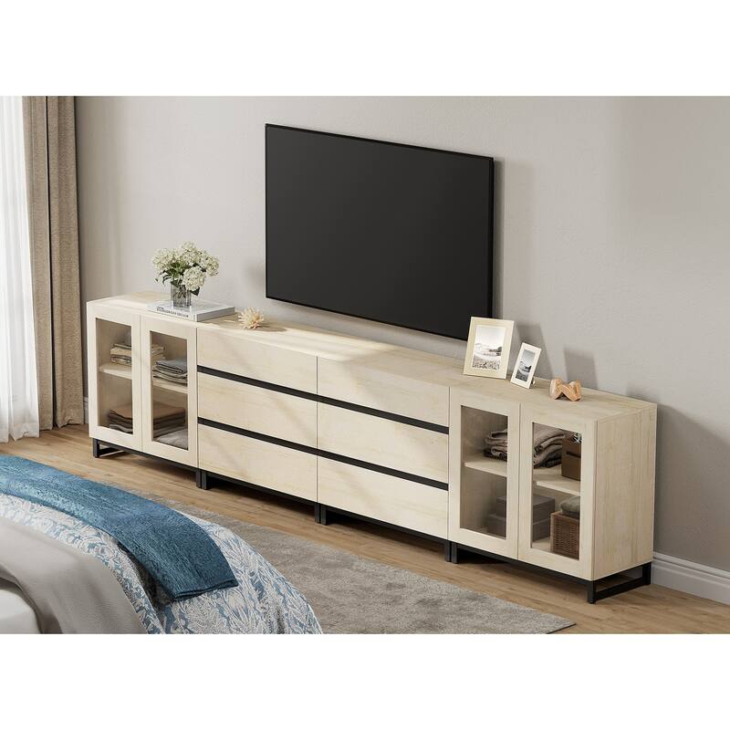 4 in 1 Multifunctional Dresser with Glass Doors & 6 Drawers, Adjustable Shelf Metal Base Storage Solution for Bedroom Closet