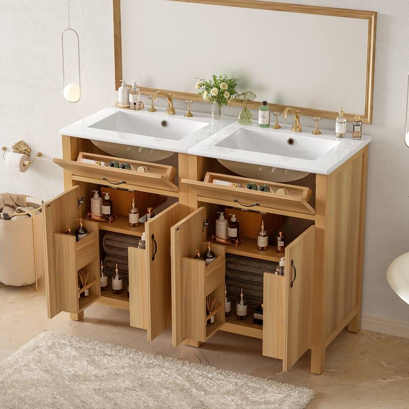 GDFStudio - Barro Transitional Freestanding Bathroom Vanity Cabinet with Ceramic Sink, Dual-Layer Rack & Soft Close Storages