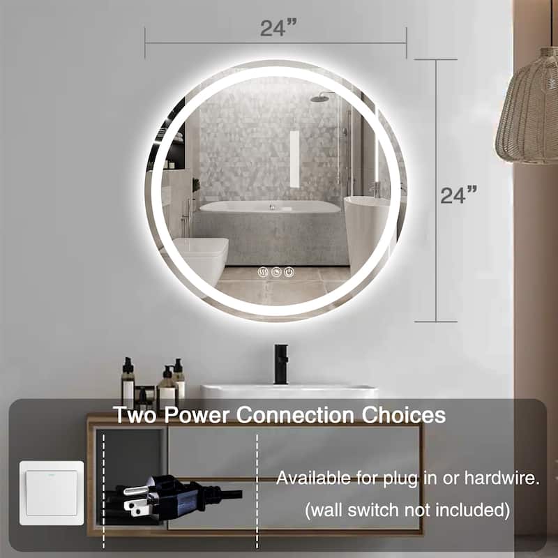 Round LED Bathroom Mirror Frameless Wall Mounted LED Bathroom Vanity Mirror Dimmable Anti-Fog 3 Colors LED Makeup Mirror