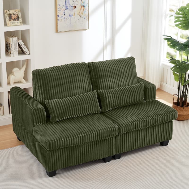Modern Modular 2-Seater Sofa, Corduroy Sofa with Adjustable Backrest, Square Handrail, for Living Room, Bedroom, Green