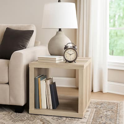 Rizz Side End Table, Square Cube Design Shelf, 23 Inch Light Brown