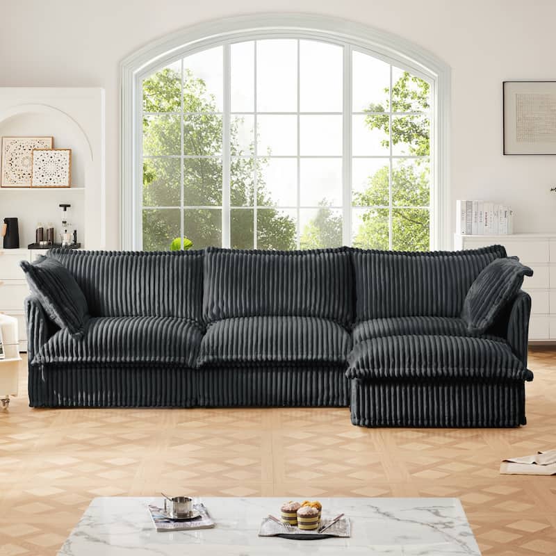 Modern L-Shaped 3-Seater Slipcovered Corduroy Sectional with Ottoman - Grey