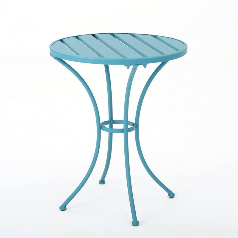 Rune Outdoor Bistro Table Set, 2 Chairs, Round Slatted, Teal Blue Iron